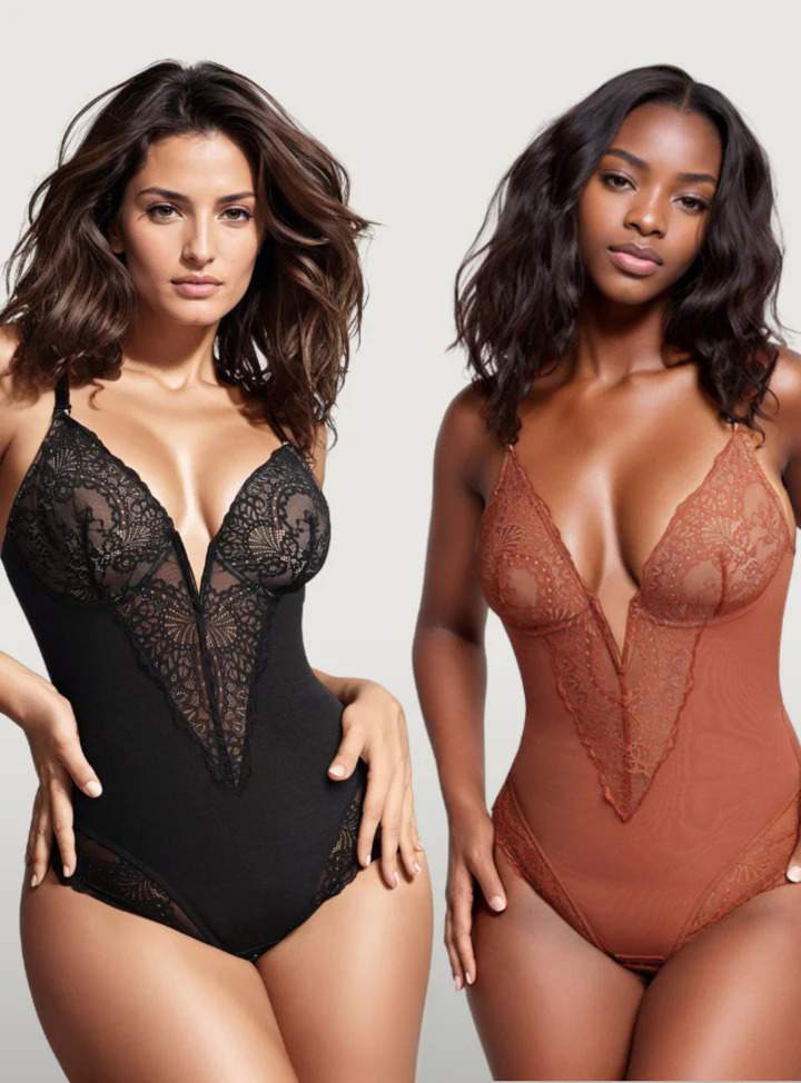 VelaSori™ Deep-V Neck Lace Thong Bodysuit