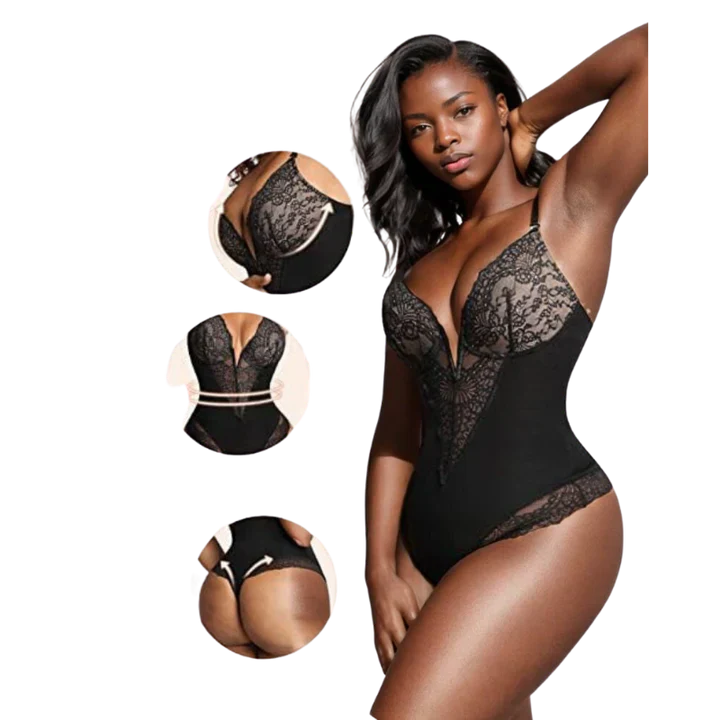 VelaSori™ Deep-V Neck Lace Thong Bodysuit