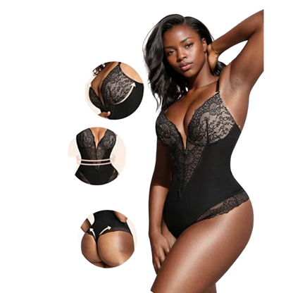 VelaSori™ Deep-V Neck Lace Thong Bodysuit
