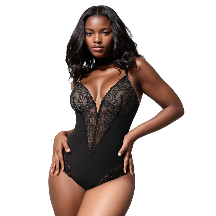 VelaSori™ Deep-V Neck Lace Thong Bodysuit
