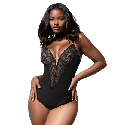 VelaSori™ Deep-V Neck Lace Thong Bodysuit