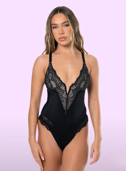 VelaSori™ Deep-V Neck Lace Thong Bodysuit
