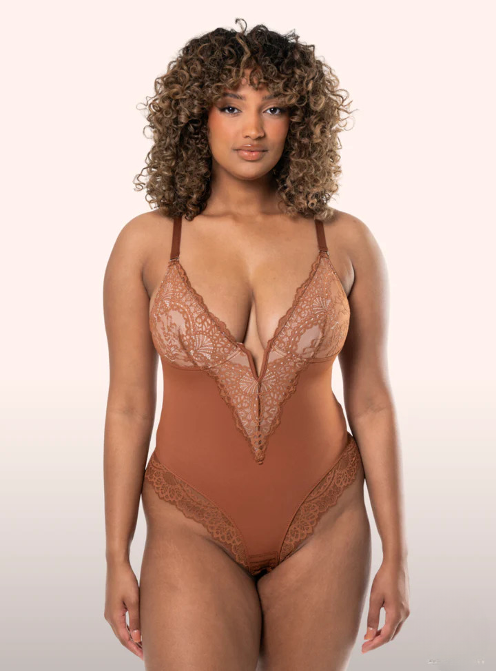 VelaSori™ Deep-V Neck Lace Thong Bodysuit