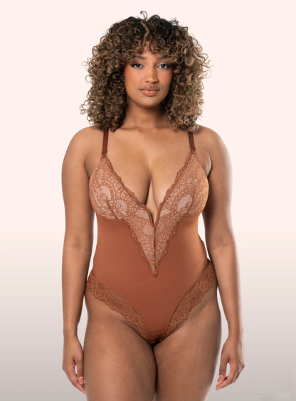 VelaSori™ Deep-V Neck Lace Thong Bodysuit