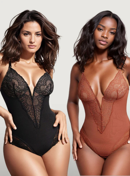 VelaSori™ Deep-V Neck Lace Thong Bodysuit